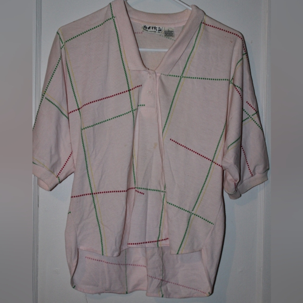 Vintage Haiku Crop Polo Shirt Light Pink Grid Stripes Women's Large